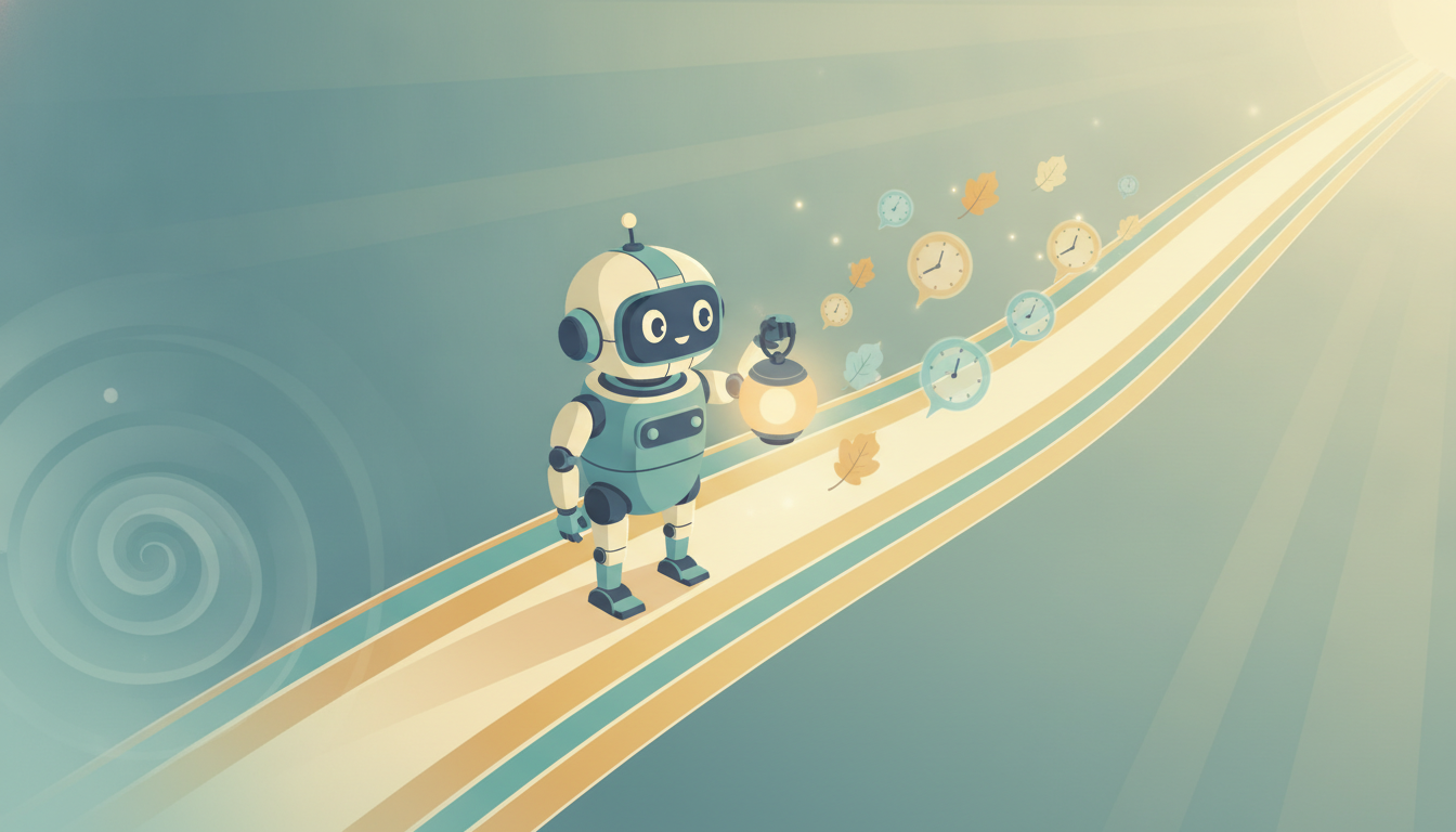 A small robot on a luminous timeline raising a lantern to glimpse the next upcoming event while earlier events dim behind it, capturing temporal intelligence as reasoning across past and future along the axis of time.