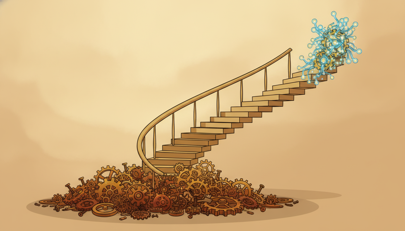 A spiral staircase whose lowest steps are weathered brass clockwork gears that transform step by step into the same shapes rebuilt from glowing neural network nodes at the top, showing classical temporal methods returning in learned neural form.