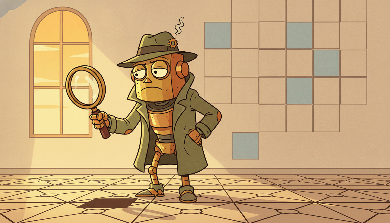 A world-weary robot detective aims a magnifying glass with confidence while the tiled floor beneath and behind it silently slides into a new arrangement, leaving its careful aim pointing at empty space, dramatizing concept drift as the ground shifting under a trained model.