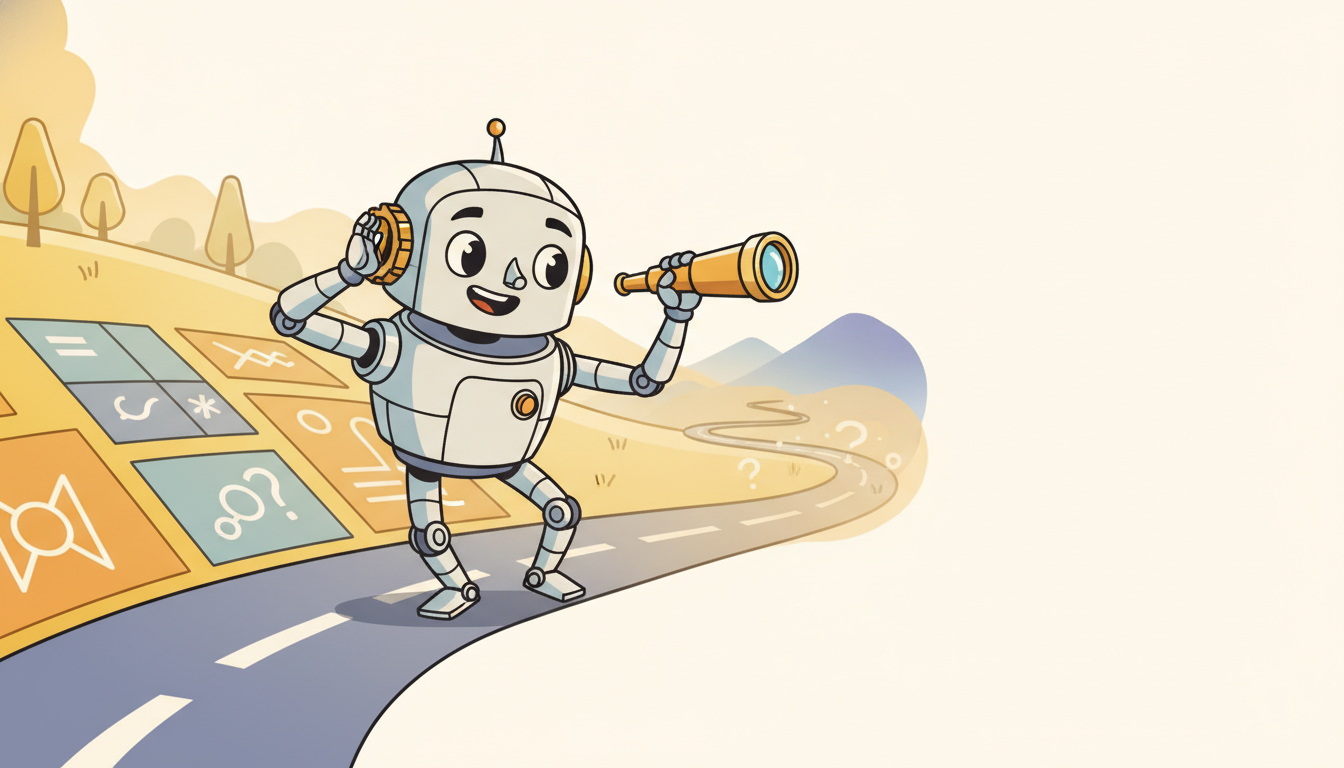 A robot on a road looks back over a clear stretch of past while peering forward through a telescope into thickening fog, dramatizing memory as how far back it can see and horizon as how far forward it dares to predict.
