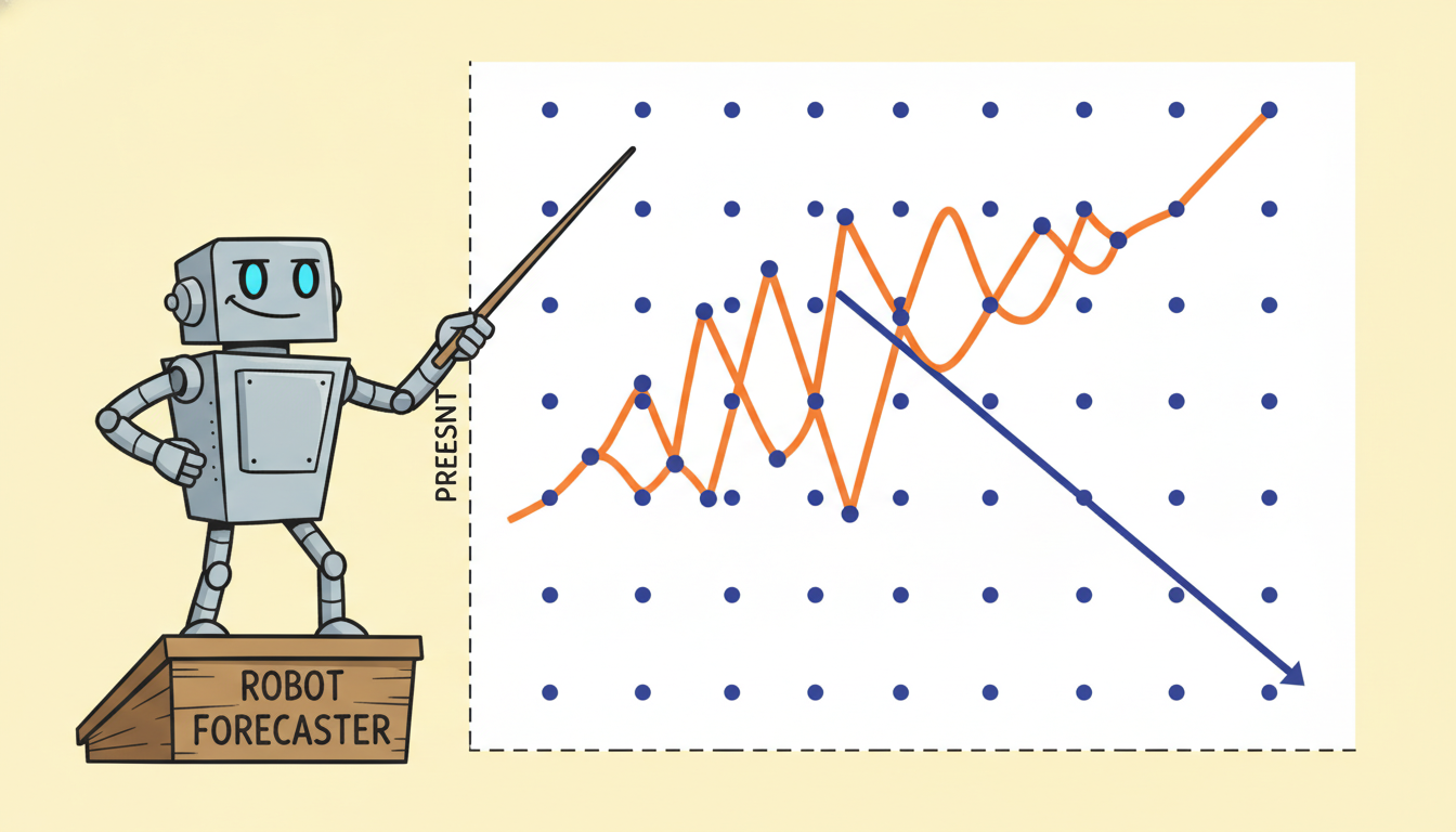 A proud forecaster on a podium points at an overfit squiggly curve that hits every historical point perfectly, oblivious to the actual next data point veering off in another direction, illustrating overfitting and false confidence about the future.
