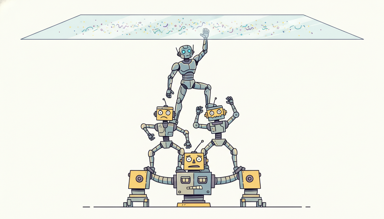 A pyramid of ever more elaborate robots strains upward but the topmost fingertips stop just below a smooth glowing ceiling, above which lies an unreachable region of pure random sparkles, illustrating an irreducible predictability ceiling no model can beat.