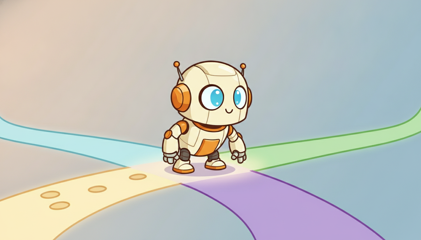 A curious robot at a fork of glowing paths has stepped partway down one branch while eyeing an untried branch, with its own footprints feeding back to brighten the chosen path, depicting an agent acting to shape future outcomes and balancing exploration against exploitation.