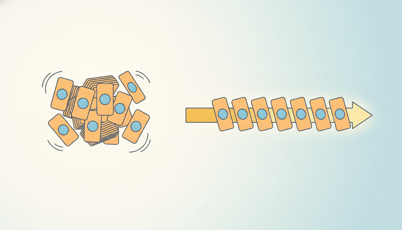 On the left, interchangeable data cards float in a loose unordered pile; on the right the same cards are threaded onto a single time arrow, each leaning on its predecessor, showing how order turns independent samples into a dependent sequence.