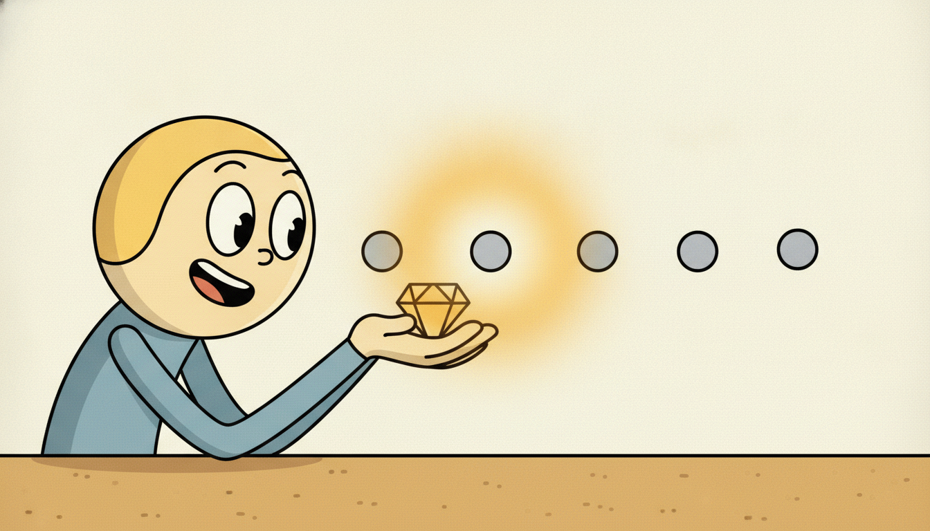 A neat row of plain grey dots has one empty slot in the middle that glows brightly, and a curious character leans in treating the glowing gap as the most valuable item in the row, lifting it like a gem.