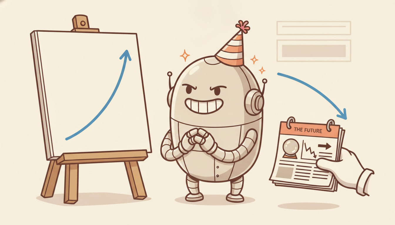 A smug robot lounges beside a flawless upward equity curve admiring itself, unaware that a sneaky hand is slipping it a glowing card drawn from the future, so its perfect track record is quietly the product of cheating.