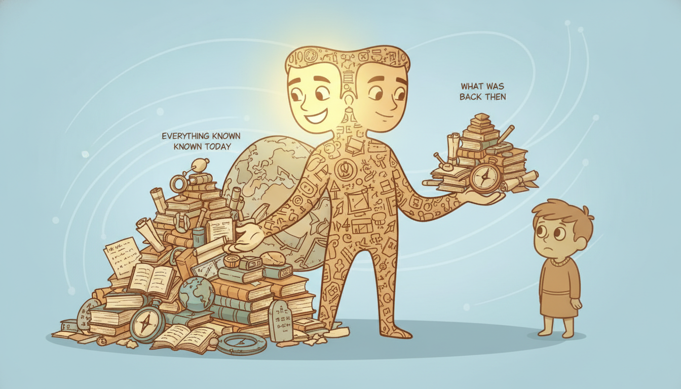 A calm two-faced guardian has one bright forward face holding everything known today and one dimmer backward-looking face holding only what was known earlier, and it hands a younger model the smaller backward pile while keeping the larger present-day pile out of reach.