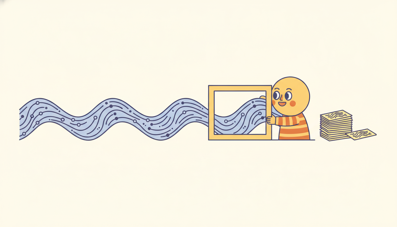 A rectangular frame glides along a long ribbon of wavy data, and at each position it stamps out a uniformly shaped card, building a tidy stack of cards beside the ribbon as an operator pushes the frame along like a stencil.