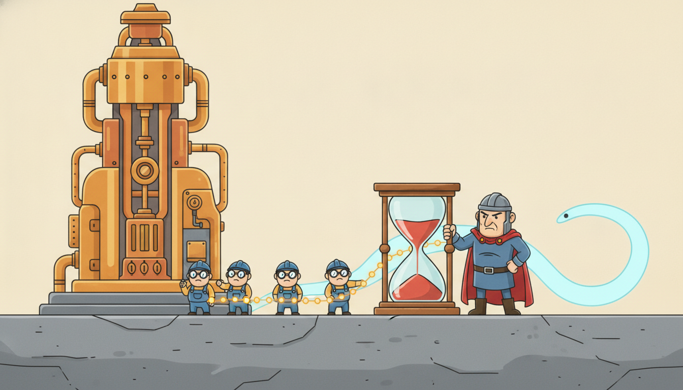 Worker characters lay a strip of evenly spaced glowing data dots into a stone foundation while a guardian with an hourglass blocks a tendril of future light from creeping backward into the dots, with a tall machine resting on the slab above.