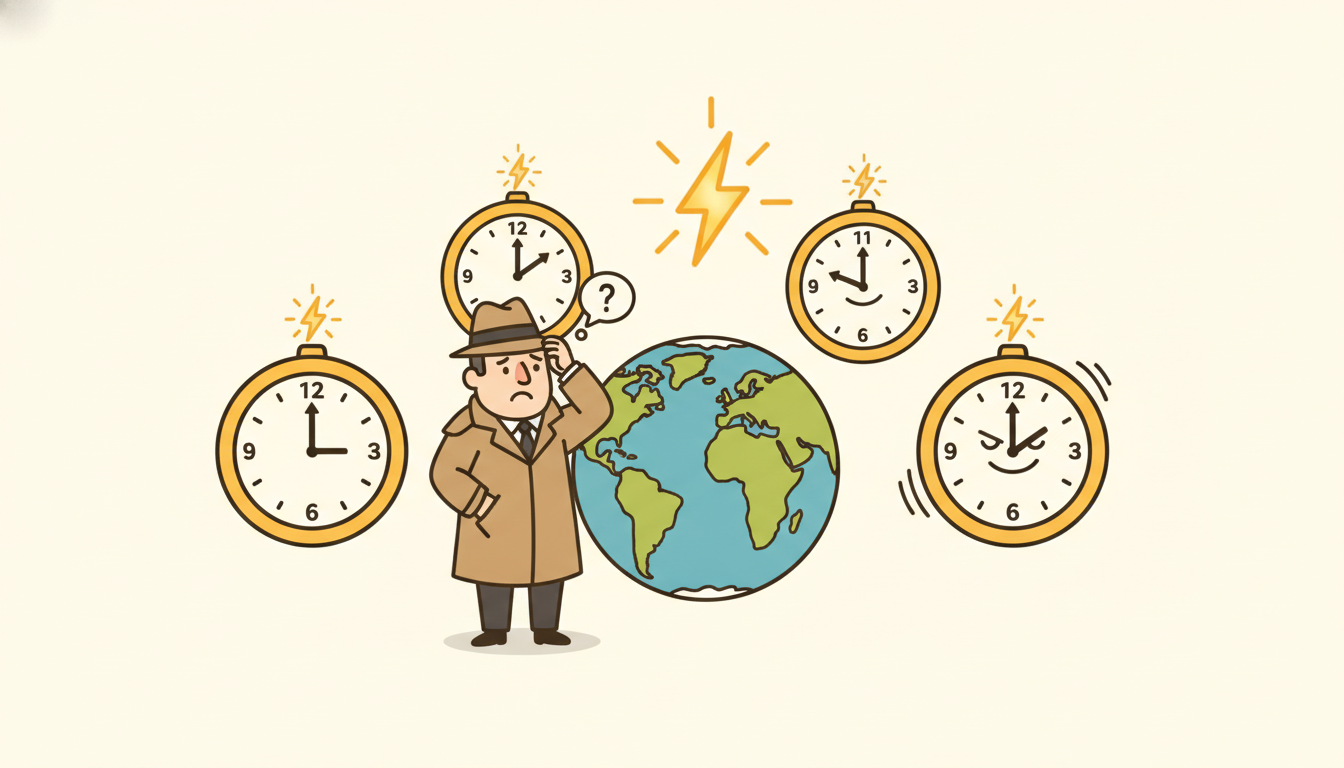 A single event spark over a globe is wearing three different clock faces as hats, each reading a different hour, while a detective tries to reconcile them into one order and one clock cheekily jumps its hands forward by an hour.