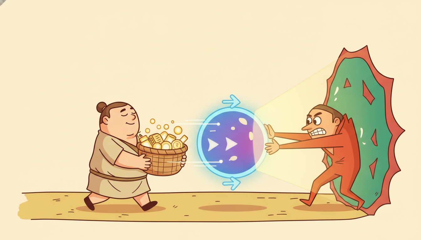 A relaxed character strolls a few steps behind a moving present-moment marker, calmly handing it a basket of already-gathered past values, while a reckless rival reaching ahead into a glowing forbidden future region triggers a warning.