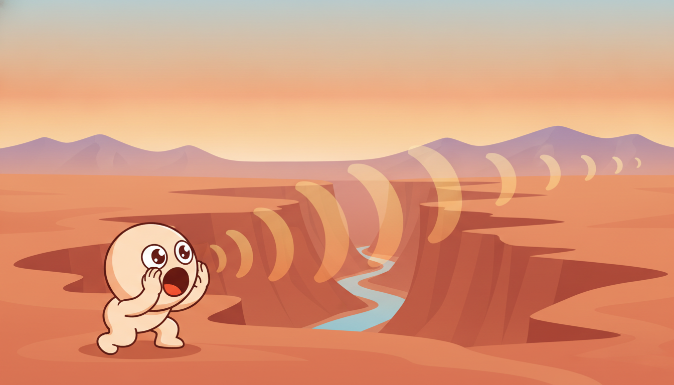 A cartoon figure shouts across a canyon and the echo returns as evenly spaced sound ripples that shrink and fade with distance, picturing the autocorrelation function as the regular, decaying echo of a series correlated with its own past at increasing lags.