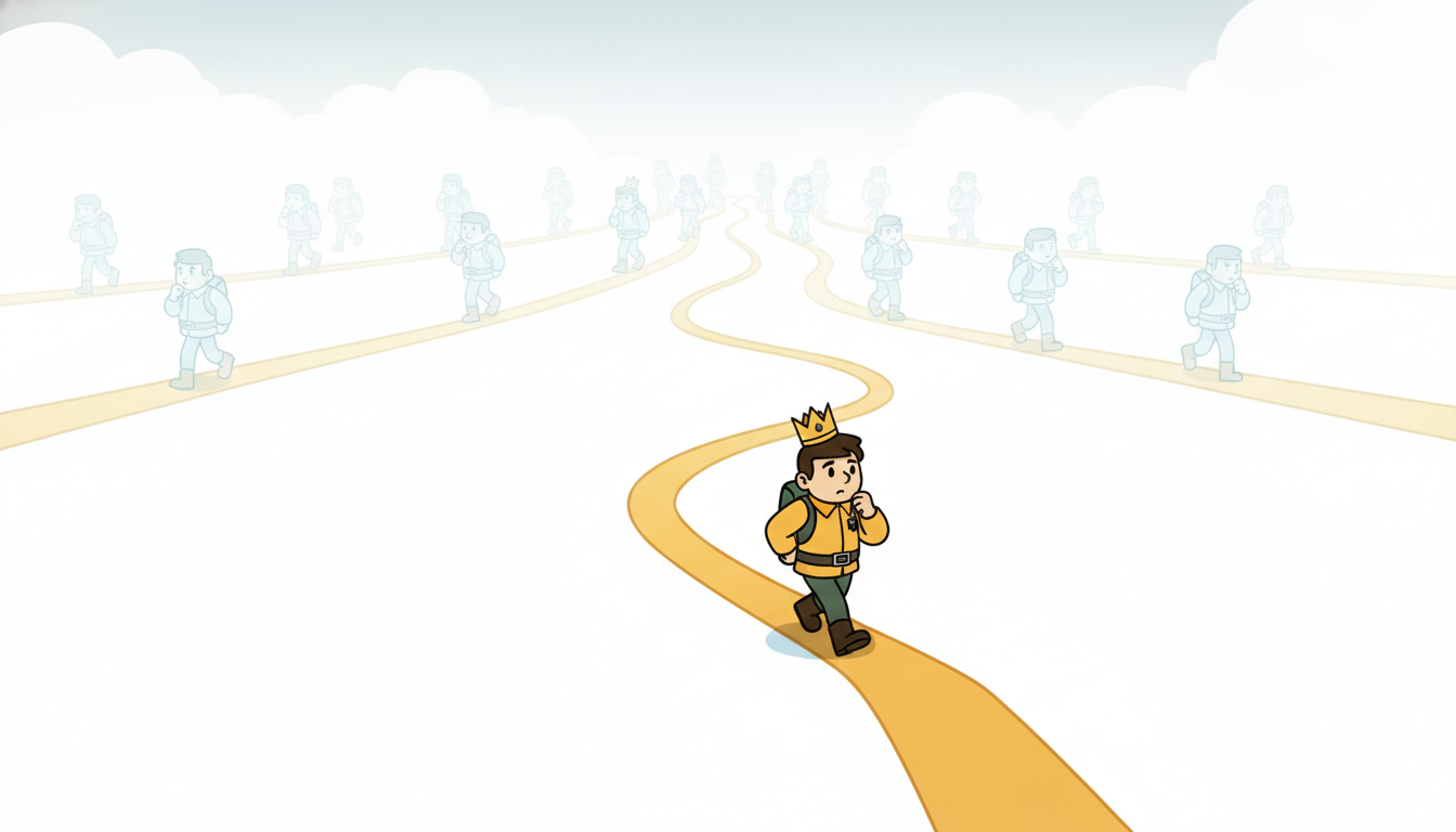 One solid cartoon explorer walks a single winding path while many faint translucent copies walk untaken paths fanning out around it, dramatizing how an observed time series is just one realization drawn from an entire ensemble of histories that never happened.