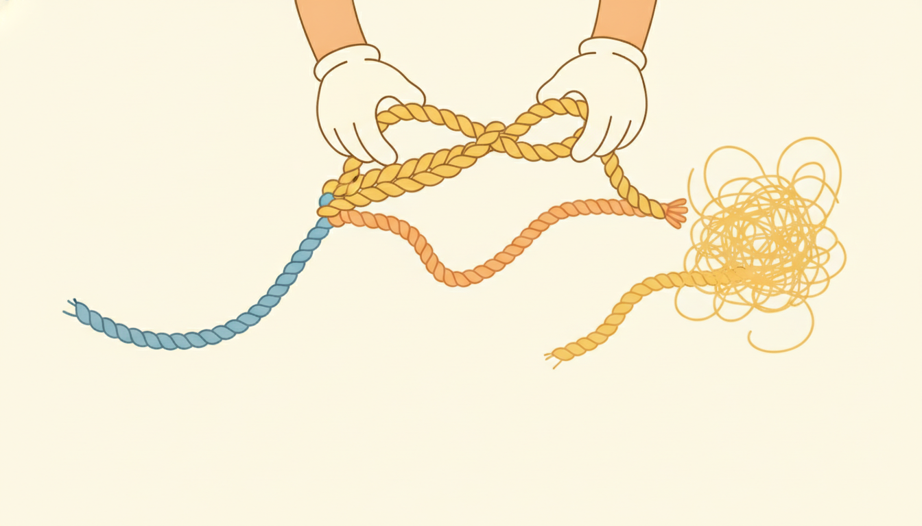 Cartoon hands unweave one messy braid into three distinct strands: a smooth rising curve, a tidy repeating wave, and a frizzy chaotic scribble, picturing decomposition splitting a series into trend, seasonal, and remainder components.