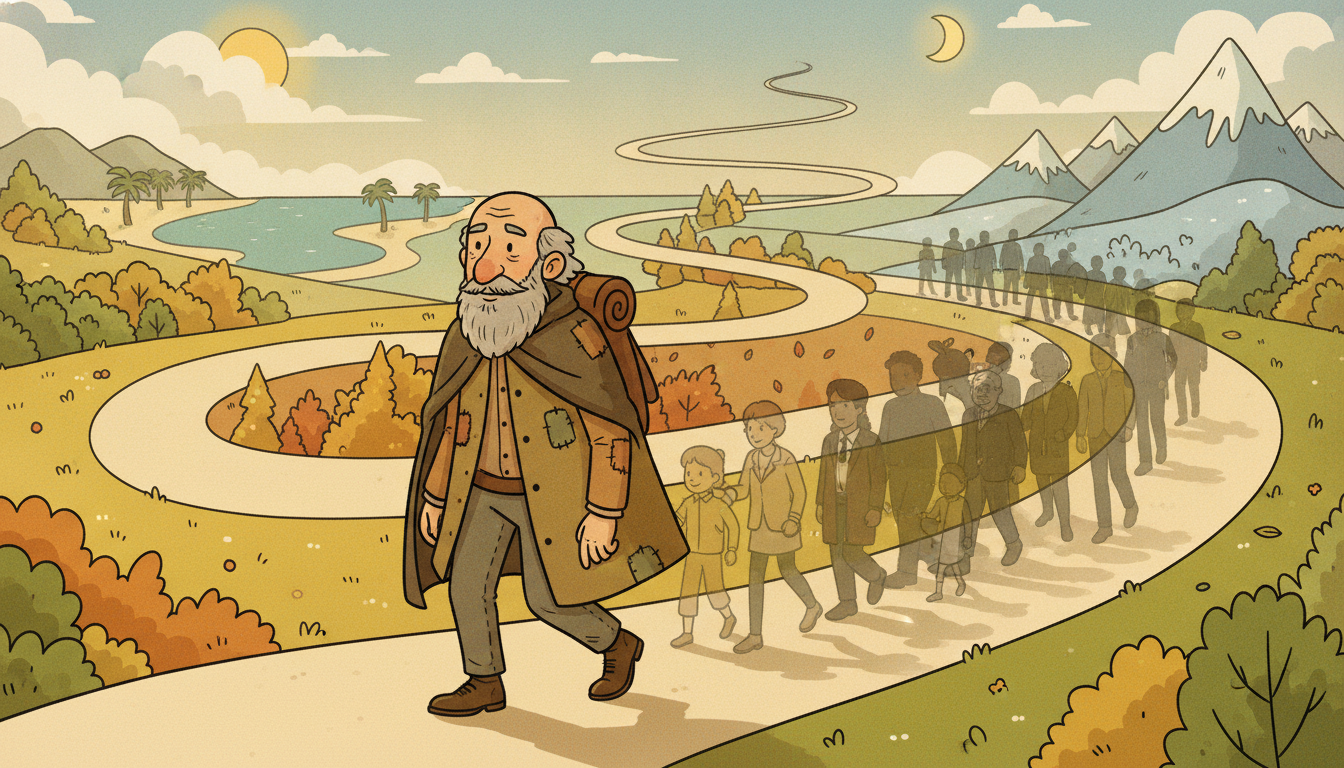 A single traveler on a long coiling road slowly accumulates a translucent overlay of many different parallel figures, showing how ergodicity lets one path's time averages stand in for the ensemble average across all possible paths.