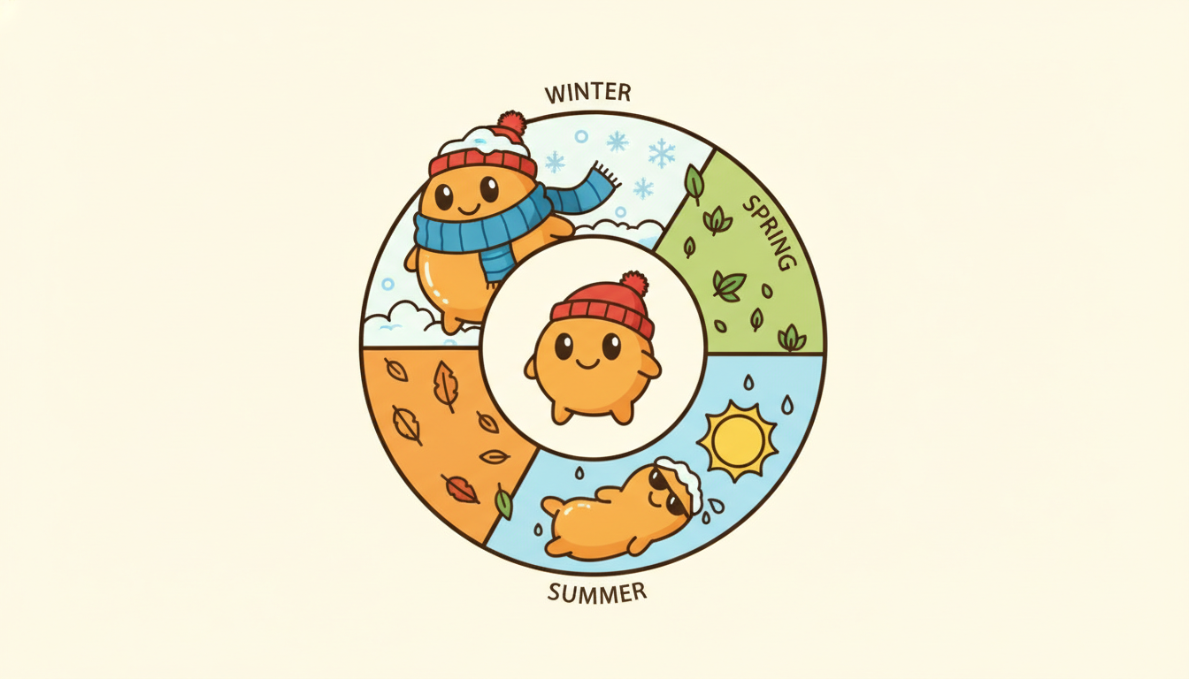 A round cartoon character cycles around four seasonal scenes, swelling up bundled in winter and shrinking under summer sun, then swelling again the next winter, personifying a seasonal component that peaks punctually at the same point every cycle.