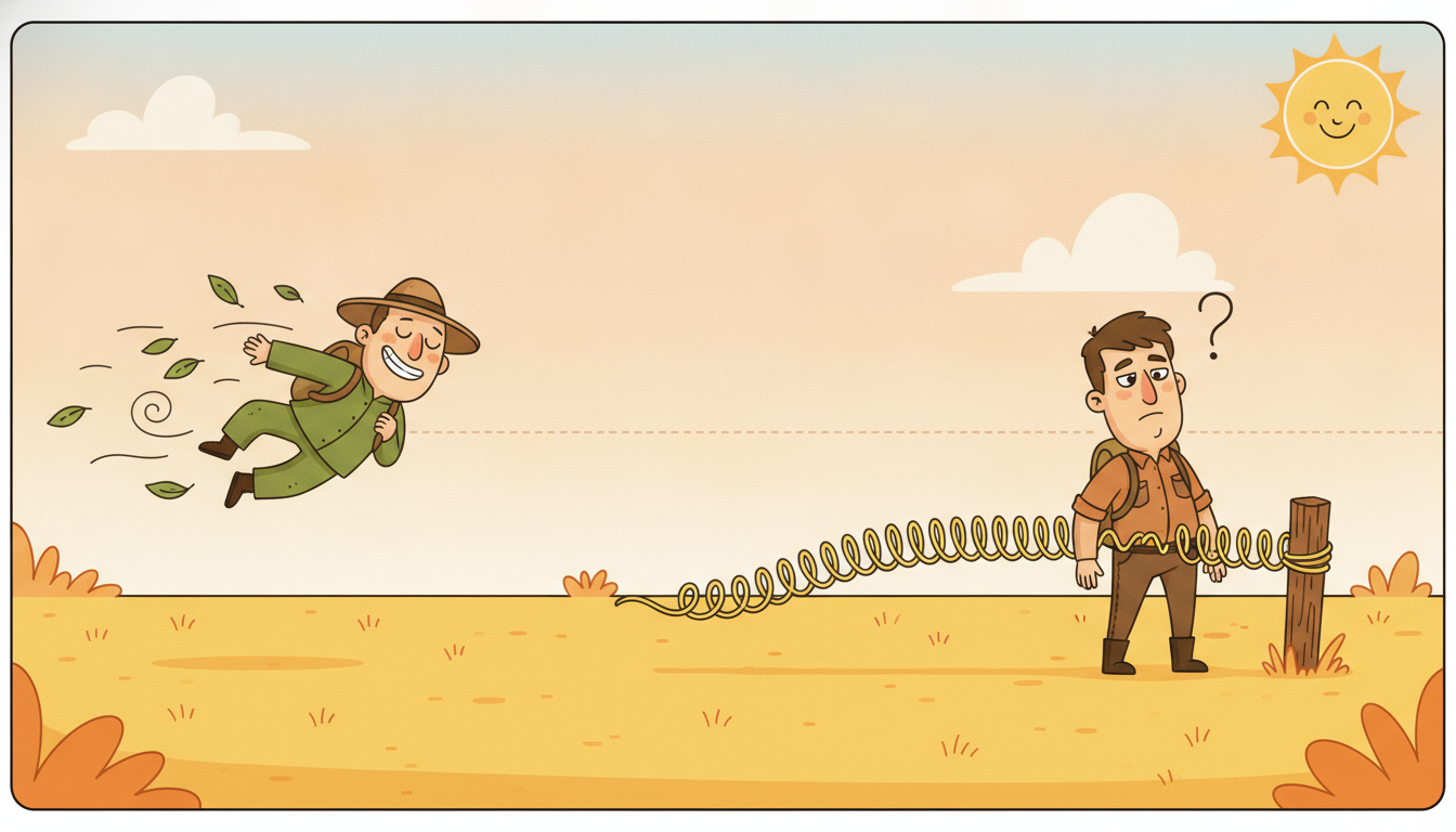 Two cartoon wanderers near a faint center line: one drifts freely away forever with no pull back, the other is held by a stretchy spring to a post on the line, contrasting a unit-root random walk that never reverts with a stationary series tethered to its mean.