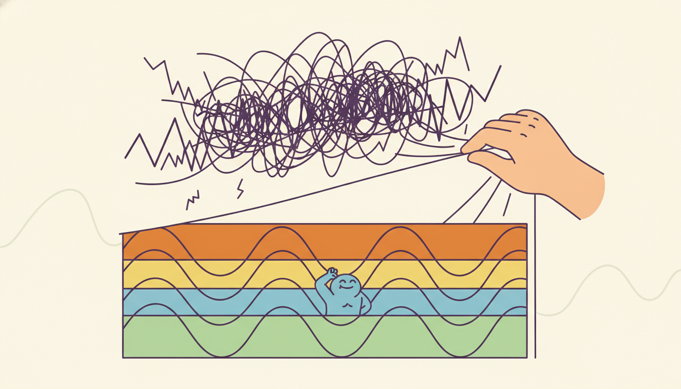 A chaotic jagged signal line is peeled back to reveal it is really a tidy stack of smooth pure sine waves layered like colored glass sheets, with one small wave proudly puffing out its chest, illustrating how a complicated time series is a sum of simple oscillations at different frequencies.