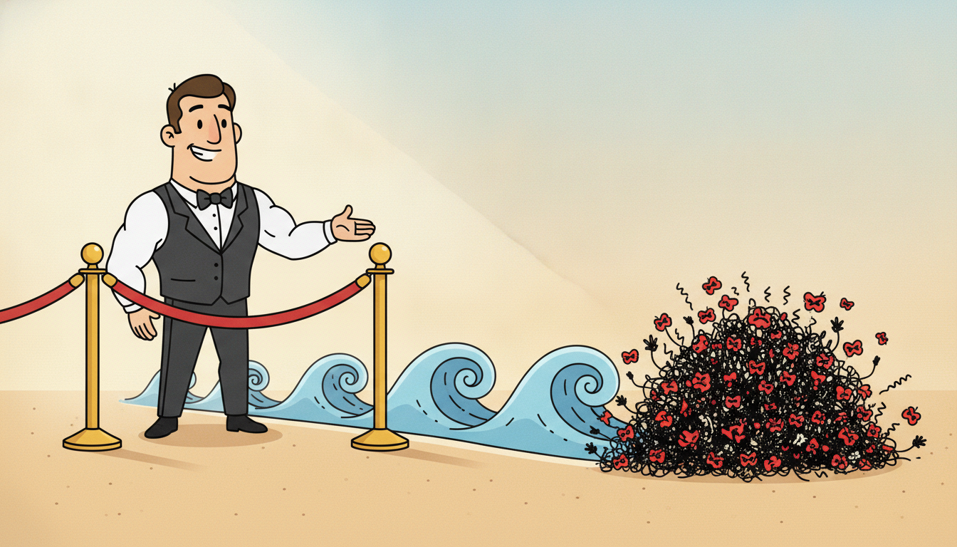 A calm cartoon bouncer at a velvet rope waves through big slow rolling waves while blocking a jostling crowd of tiny frantic high-frequency squiggles, illustrating how a low-pass filter lets the slow components pass and rejects the fast noisy jitter.