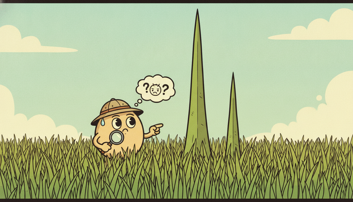 A noisy field of spiky grass of uneven heights with two or three towering blades standing far above the ragged carpet, while a character squints and points at the tallest spikes, illustrating how the raw periodogram is jagged yet its dominant peaks still reveal the real cycles.