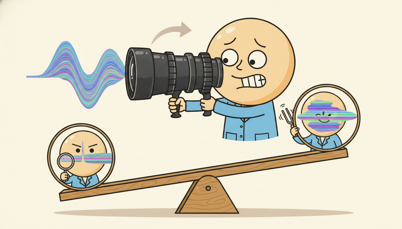A character turns an adjustable zoom lens over a drifting signal while a balance seesaw shows the trade between a sharp instant with blurry frequency and a crisp pitch with a smeared moment, illustrating how wavelets trade time resolution against frequency resolution across scales.