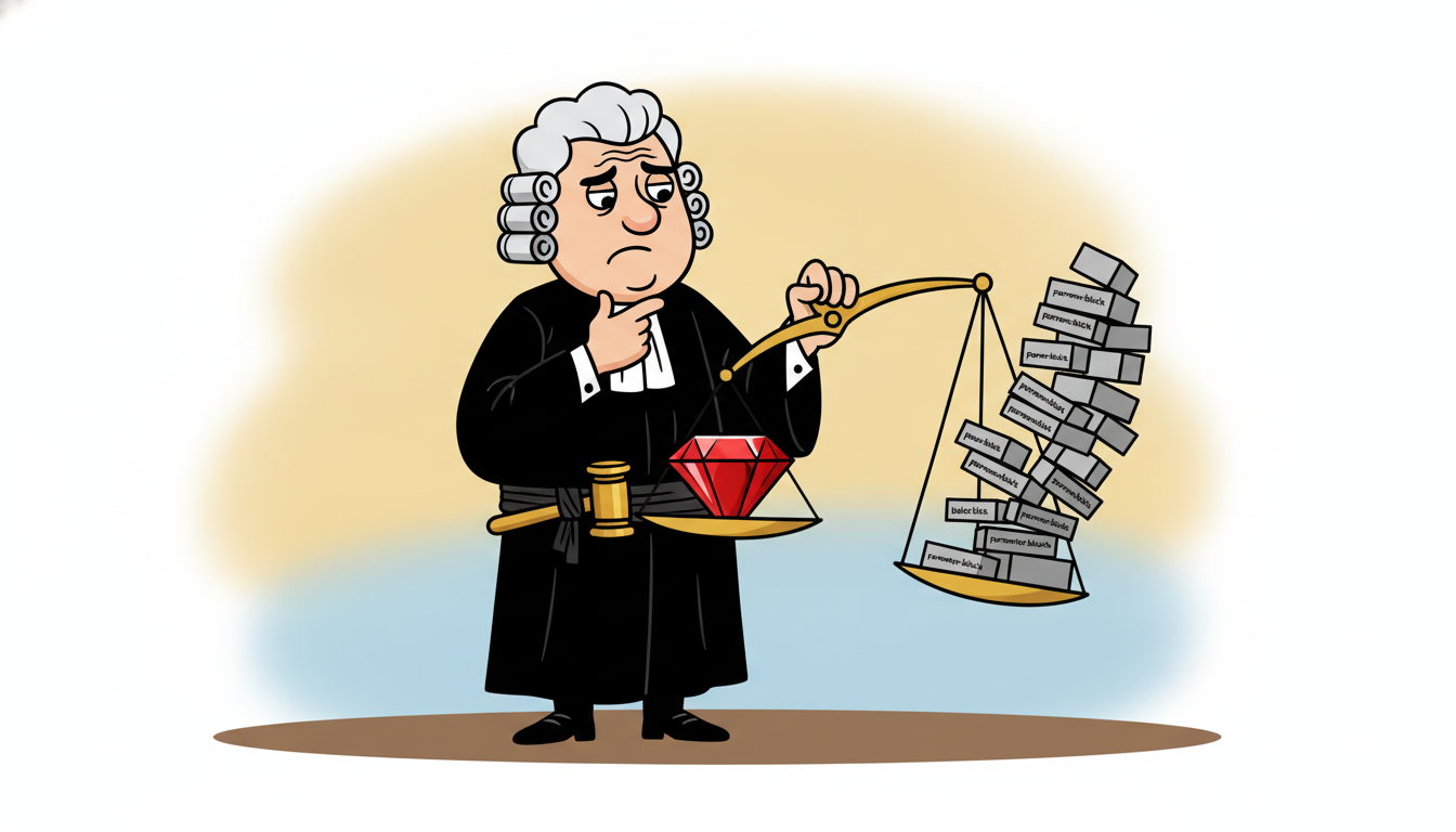 A cartoon judge holds a balance scale weighing a heavy polished gem of model fit against a teetering tower of stacked parameter-blocks for complexity, dramatizing how an information criterion rewards a better fit but penalizes a model for every extra parameter it adds.