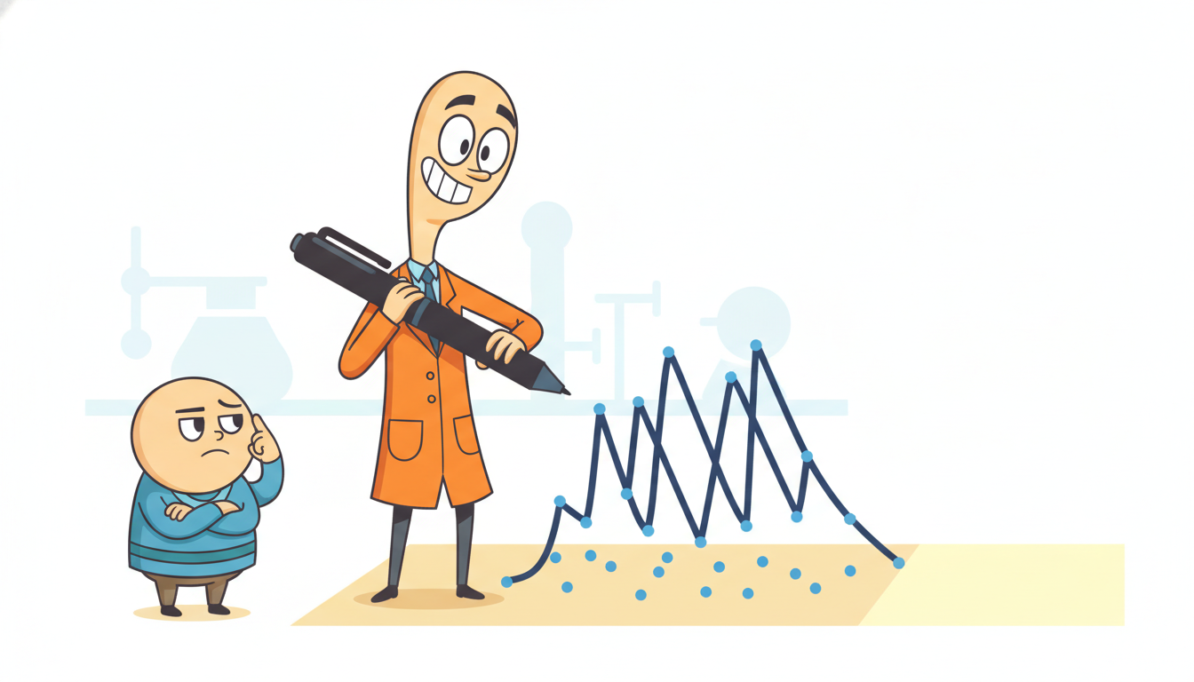 An overeager cartoon model proudly threads a wildly wiggly curve through every past data dot while a skeptical companion raises an eyebrow and the path ahead opens onto blank space, dramatizing how a model that fits the training data perfectly can fail completely out of sample.