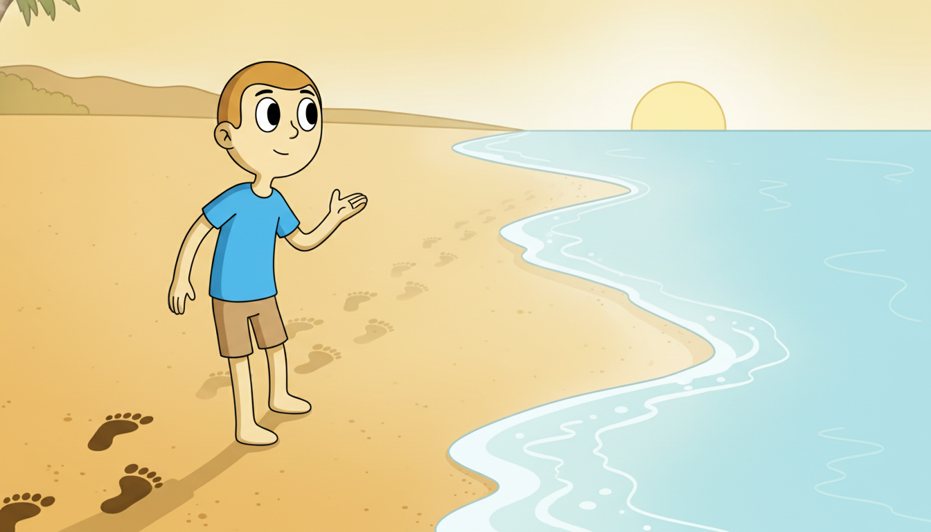 A cartoon character walks along a beach leaving footprints where the newest is crisp and each older print fades geometrically faster until the tide washes the oldest away, dramatizing how exponential smoothing weights recent observations heavily and discounts the past geometrically.