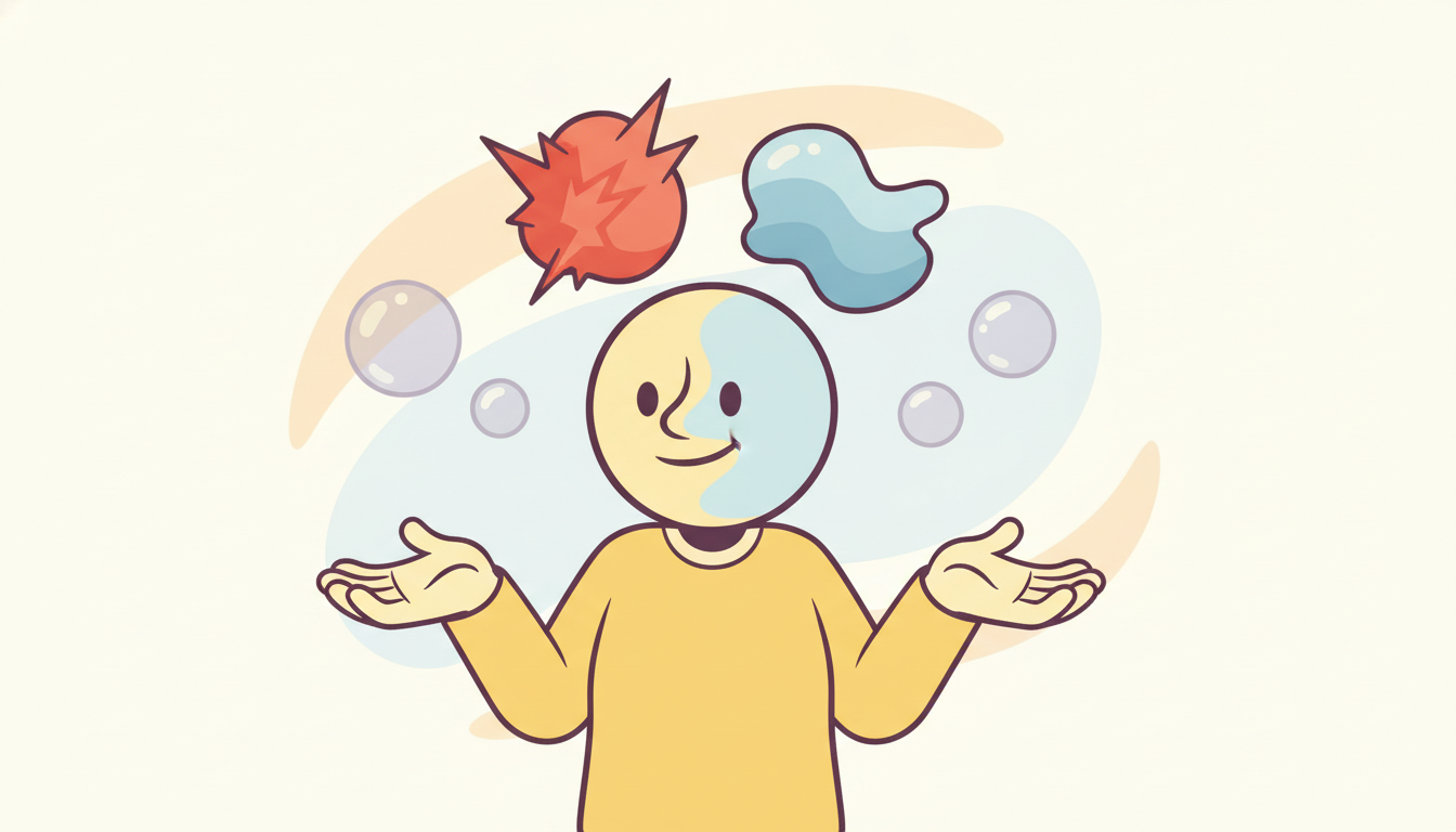 A cartoon character whose calm expression is a blended average of a few recent shock-bubbles floating behind its head while older shocks fade away, dramatizing how a moving-average model carries only a short finite memory of recent random shocks.