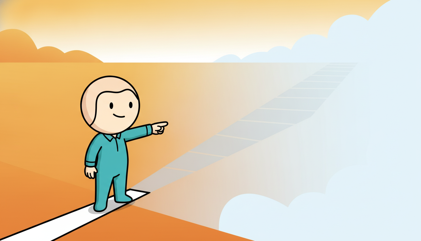 A cartoon forecaster stands where a single firm line under its feet fans forward into a widening gray cone of uncertainty that dissolves into fog far ahead, picturing how a forecast stays confident one step out and grows into a band of maybe many steps out.
