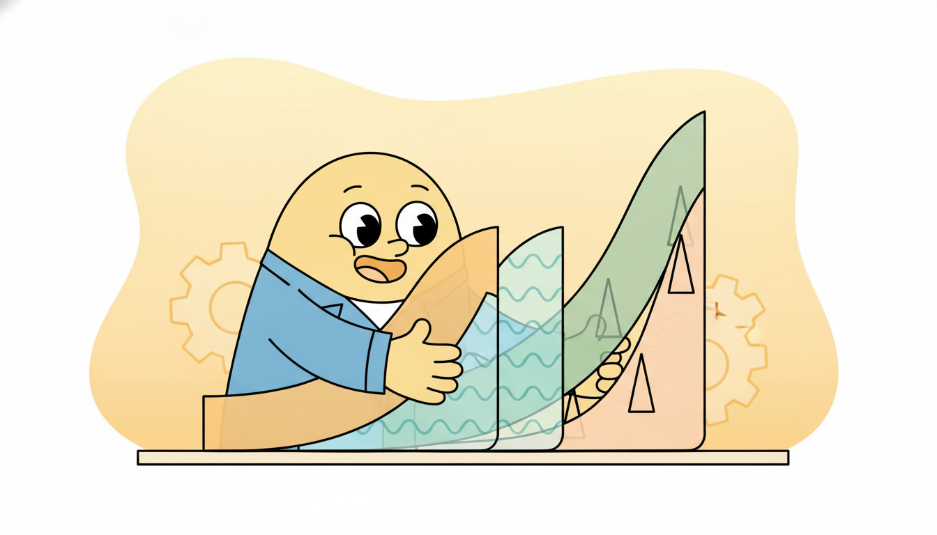 A cartoon character slides together three transparent stackable layers, a smooth rising trend, a repeating seasonal wave, and a layer of occasional holiday spikes, into one composite forecast curve, picturing how Prophet builds a forecast as an additive decomposition of interpretable parts.