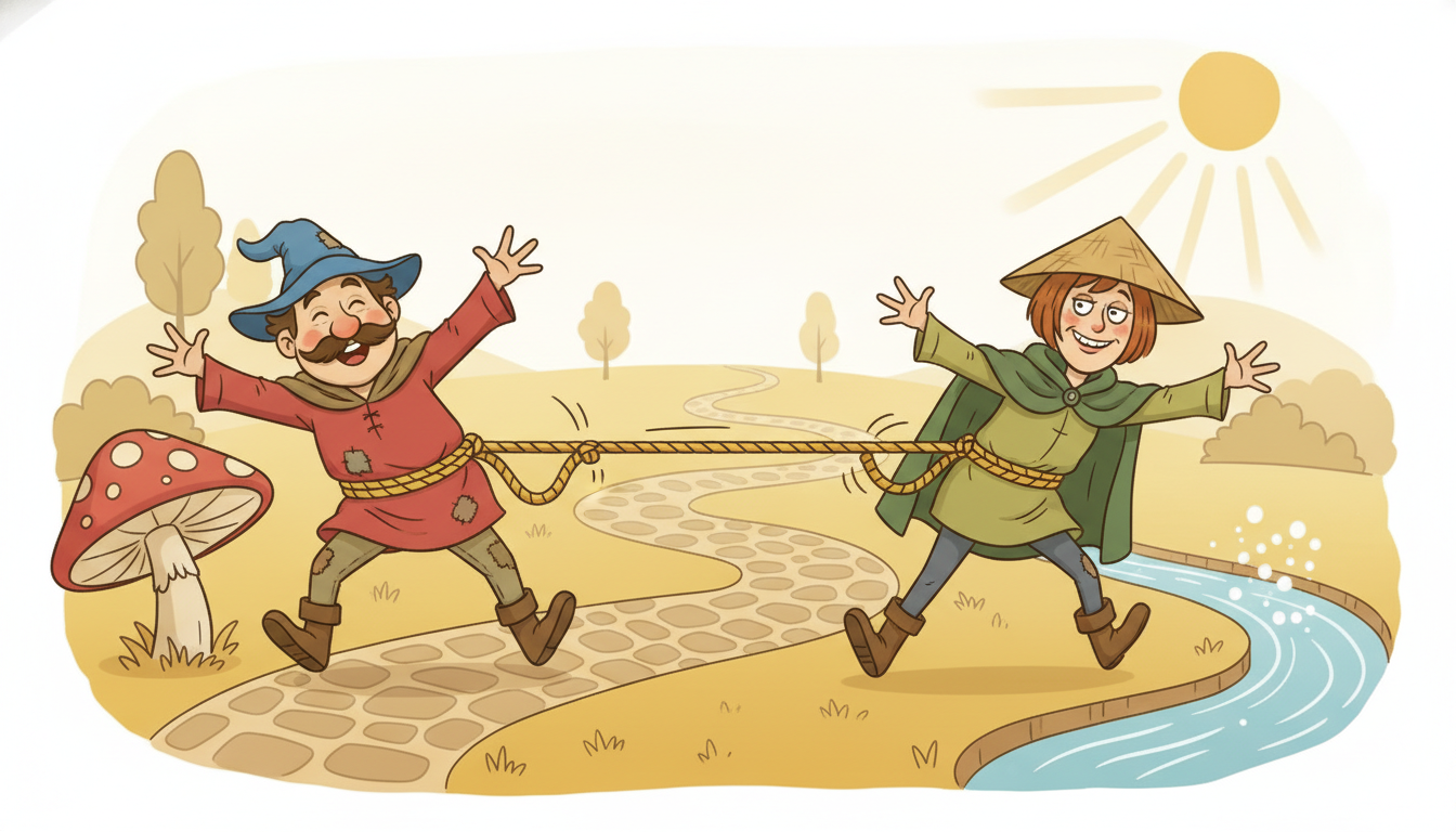 Two tipsy cartoon wanderers stagger randomly along a path but a short rope between their waists keeps snapping taut and pulling them back whenever the gap widens, illustrating cointegration where two random walks share a stable bounded long-run equilibrium.