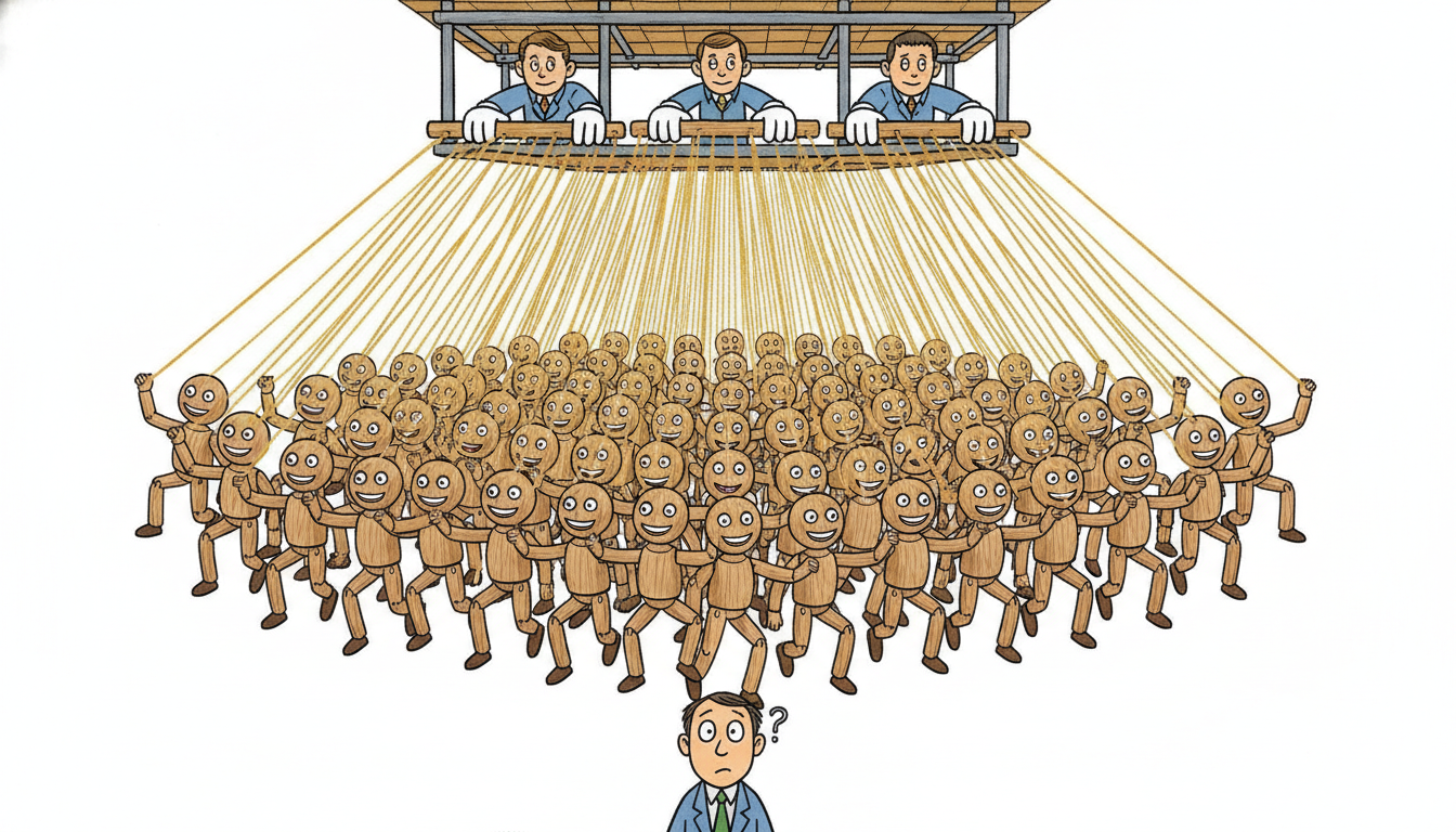 Two or three hidden puppeteers on a high gantry work a few control bars whose strings move a hundred marionettes swaying in unison below, while a baffled observer looks up, illustrating dynamic factor models where a few latent factors drive hundreds of co-moving series.