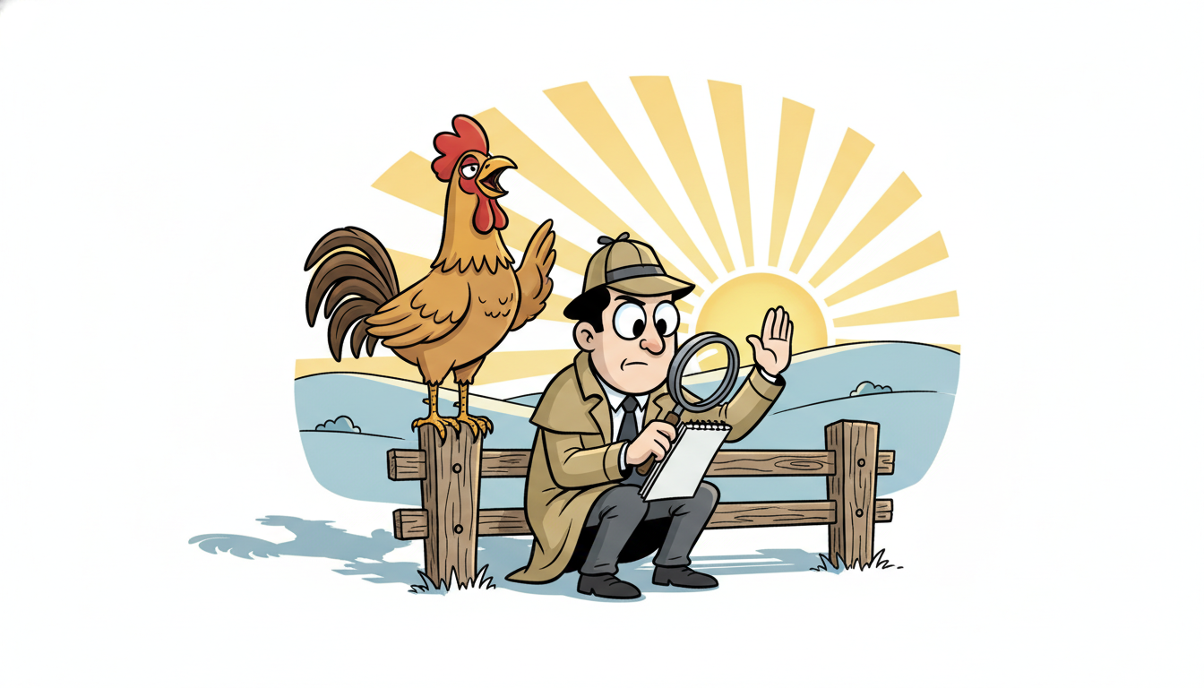 A cartoon detective with a magnifying glass notes that a crowing rooster reliably precedes the sunrise, while raising a cautioning hand to refuse crediting the rooster with causing the dawn, illustrating that Granger causality is prediction, not real intervention.