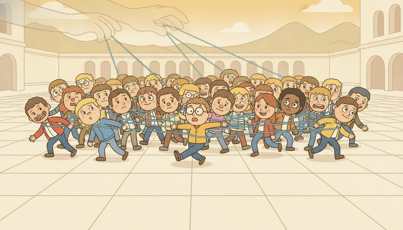 A crowd of cartoon characters walking in lockstep, each tethered to neighbors by elastic threads and tugged from above by faint giant hands, one realizing it cannot move alone, dramatizing series that move together under shared dynamics and hidden factors.