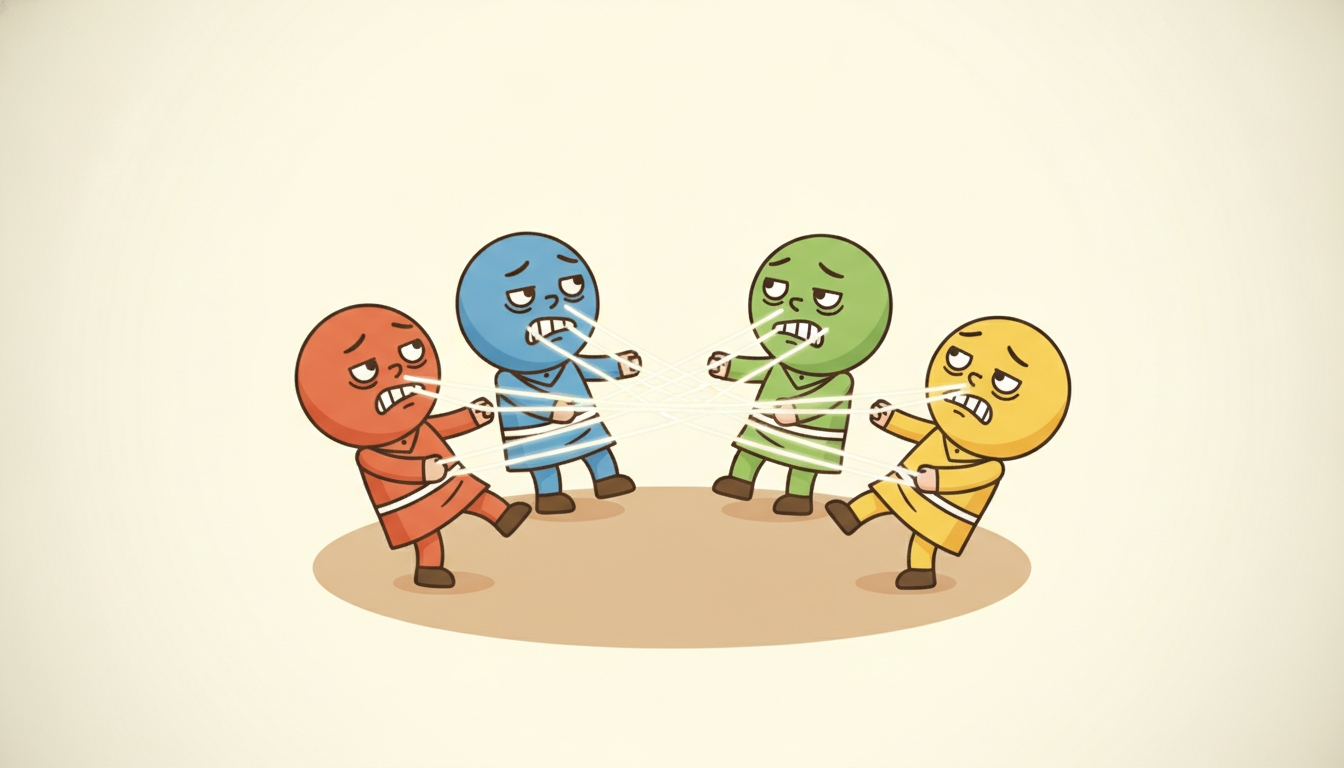 Five cartoon characters in a ring, each holding strings connected to every other character, all tugged off balance whenever one moves, illustrating a vector autoregression where every series is regressed on the recent past of every series at once.