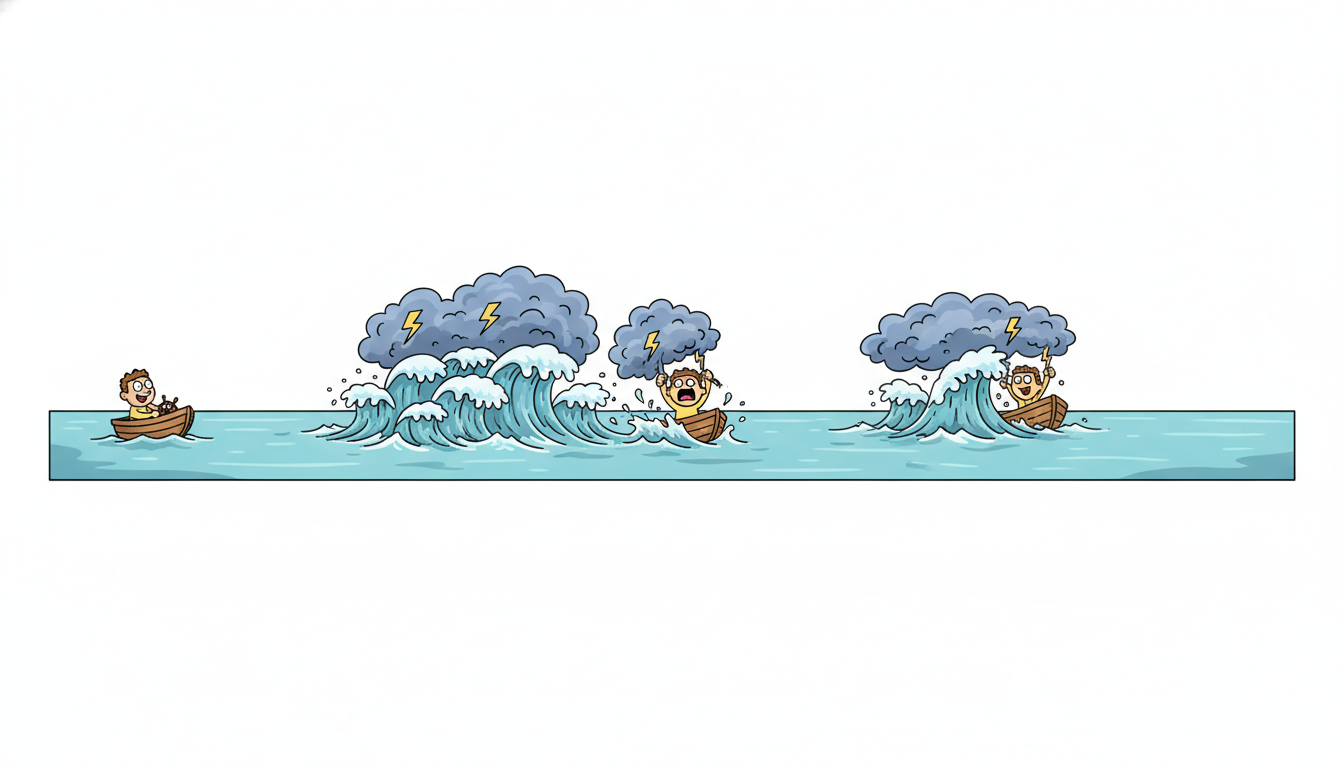 A sea that is glassy calm for long stretches then erupts into dense bunched runs of towering waves and storm clouds before settling again, with a small boat serene through calm and clinging through each clustered burst, illustrating volatility clustering where turbulent periods arrive in bunches.