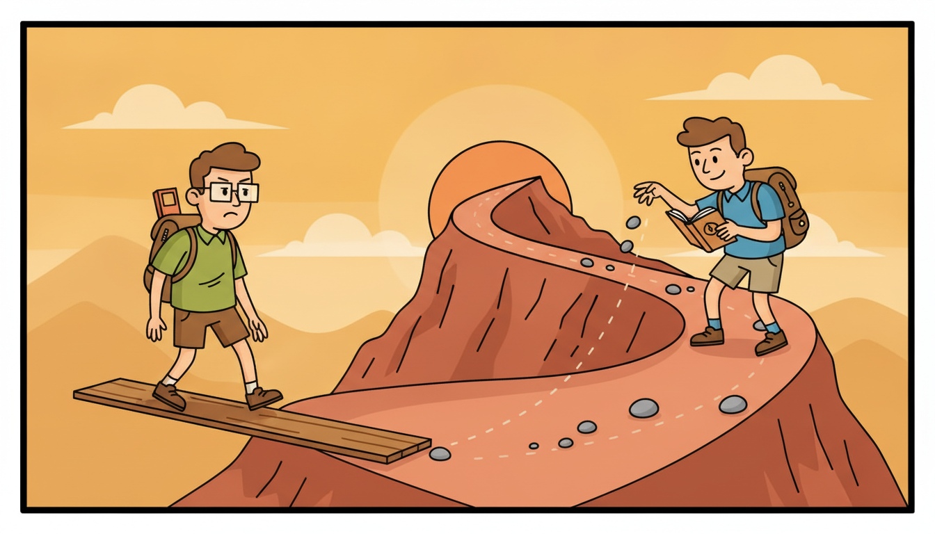 Two hikers face a curving mountain trail: one lays a straight plank across the bend and drifts off the real path, the other scatters pebbles that follow the true curve, contrasting the Extended filter's linearization with the Unscented filter's sigma-point sampling.