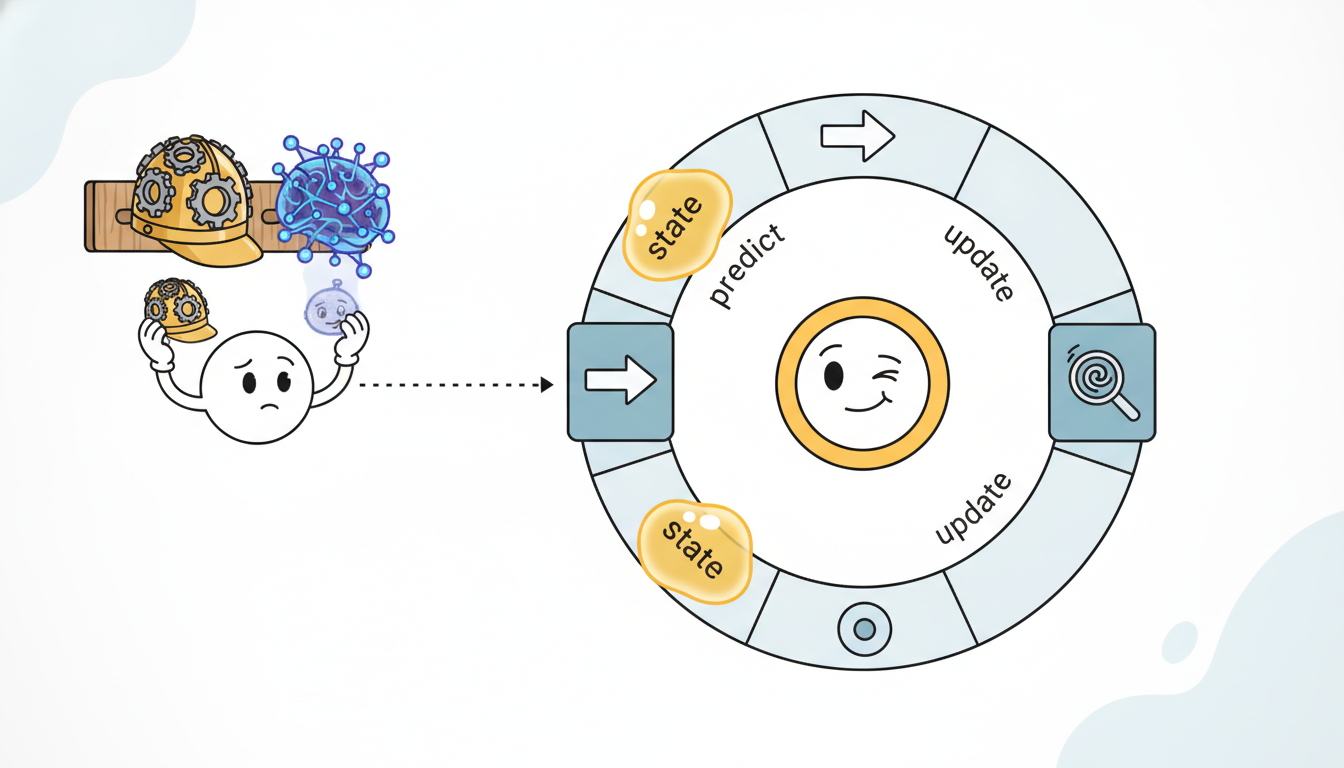 A single looping predict-and-update machine carries a glowing state-blob around a circular track and can wear either a classic brass-gear filter hat or a neural-network node hat hung beside it, showing the filter and the recurrent network are the same recurrence.
