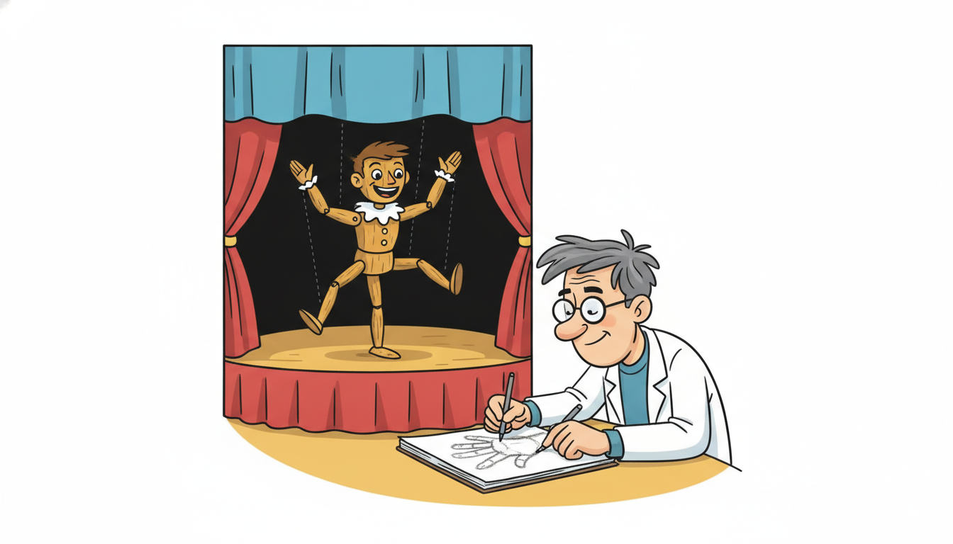 A marionette dances while its puppeteer's hand stays hidden above a curtain, and a scientist below infers the unseen hand only from the puppet's visible movements, dotted lines pointing up to the empty space, dramatizing how a hidden state is reconstructed only from noisy observations.