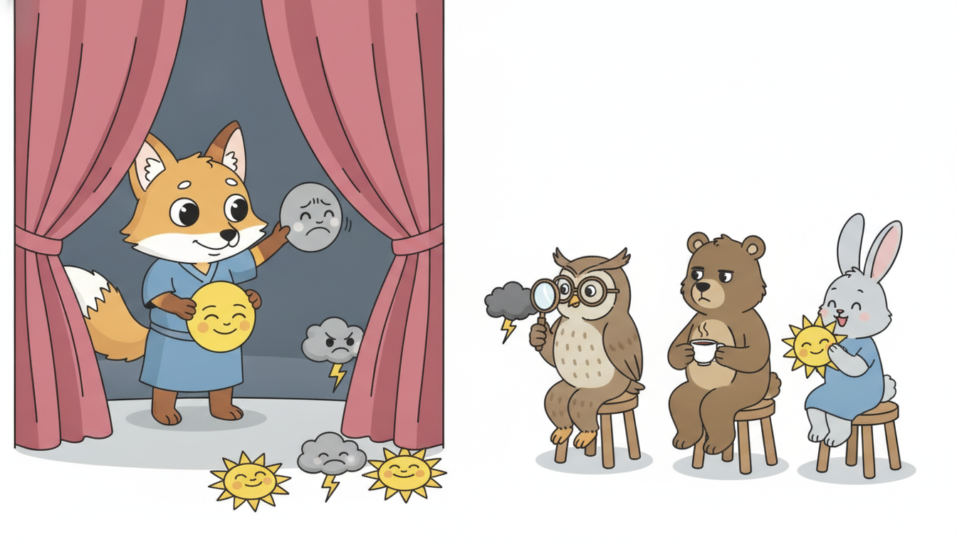 Behind a curtain a character secretly switches between distinct mood-masks while an audience sees only the emitted props, sunshine or raincloud, and an observer guesses which hidden mood produced each, dramatizing an HMM as hidden regimes inferred from emissions.