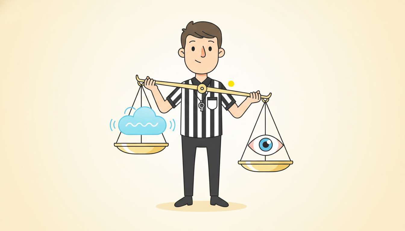 A referee weighs a model's fuzzy prediction cloud against a noisy measurement eye on a balance scale, leaning toward whichever is more trustworthy, illustrating the Kalman gain as a trust trade-off between model and measurement.