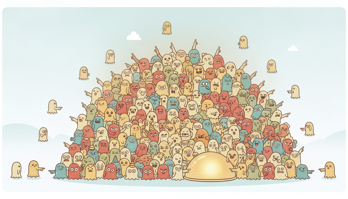 A crowd of tiny guess-creatures each point toward a hidden glowing target, the crowd thickening densely near the true location while stragglers thin out at the edges, illustrating a particle filter as a weighted cloud of samples voting on the hidden state.