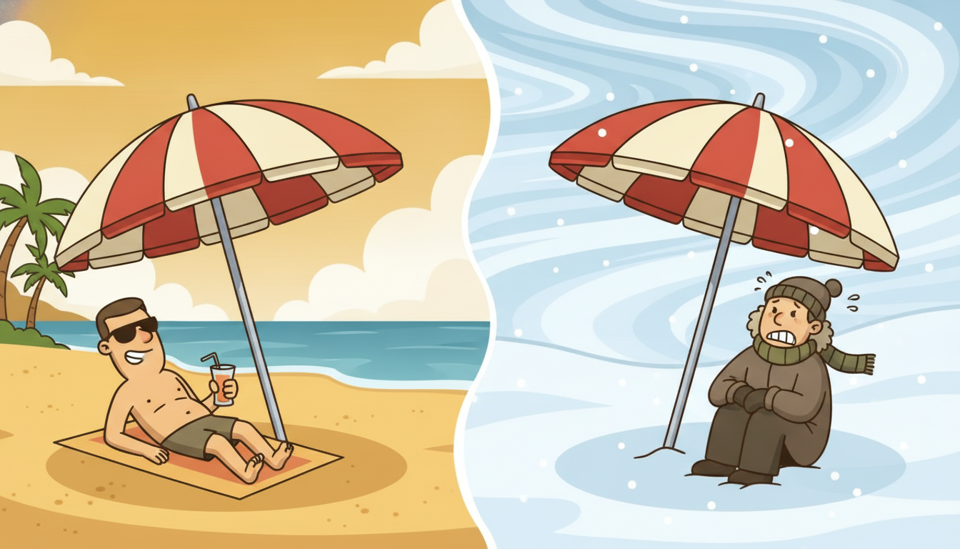 The same beach umbrella shown twice, perfectly normal on sunny sand but absurdly out of place in a blizzard, illustrating a contextual anomaly where an unremarkable value becomes anomalous only once its temporal context is taken into account.