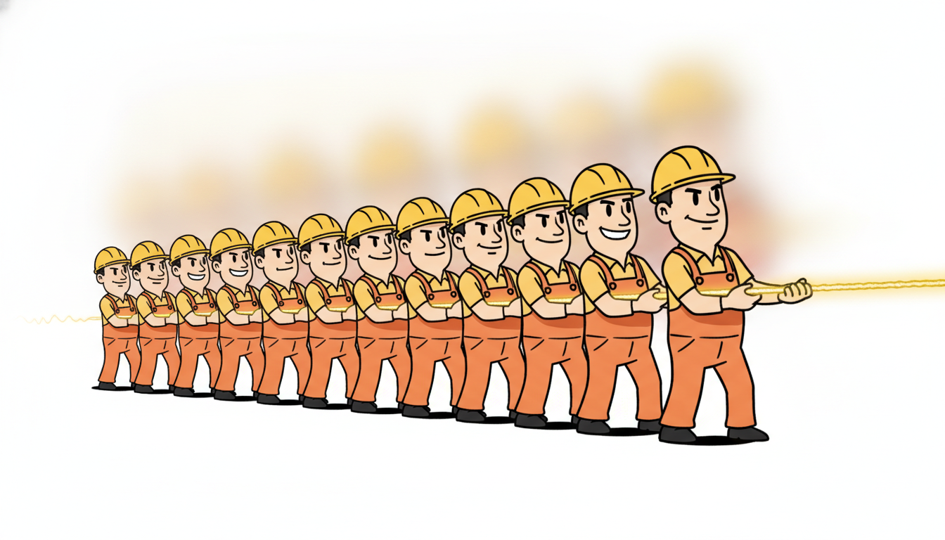 A long row of identical twin worker characters, each an exact copy of the next, pull a single glowing thread of correction backward from the last worker through every earlier copy; the thread visibly thins as it travels back down the line.