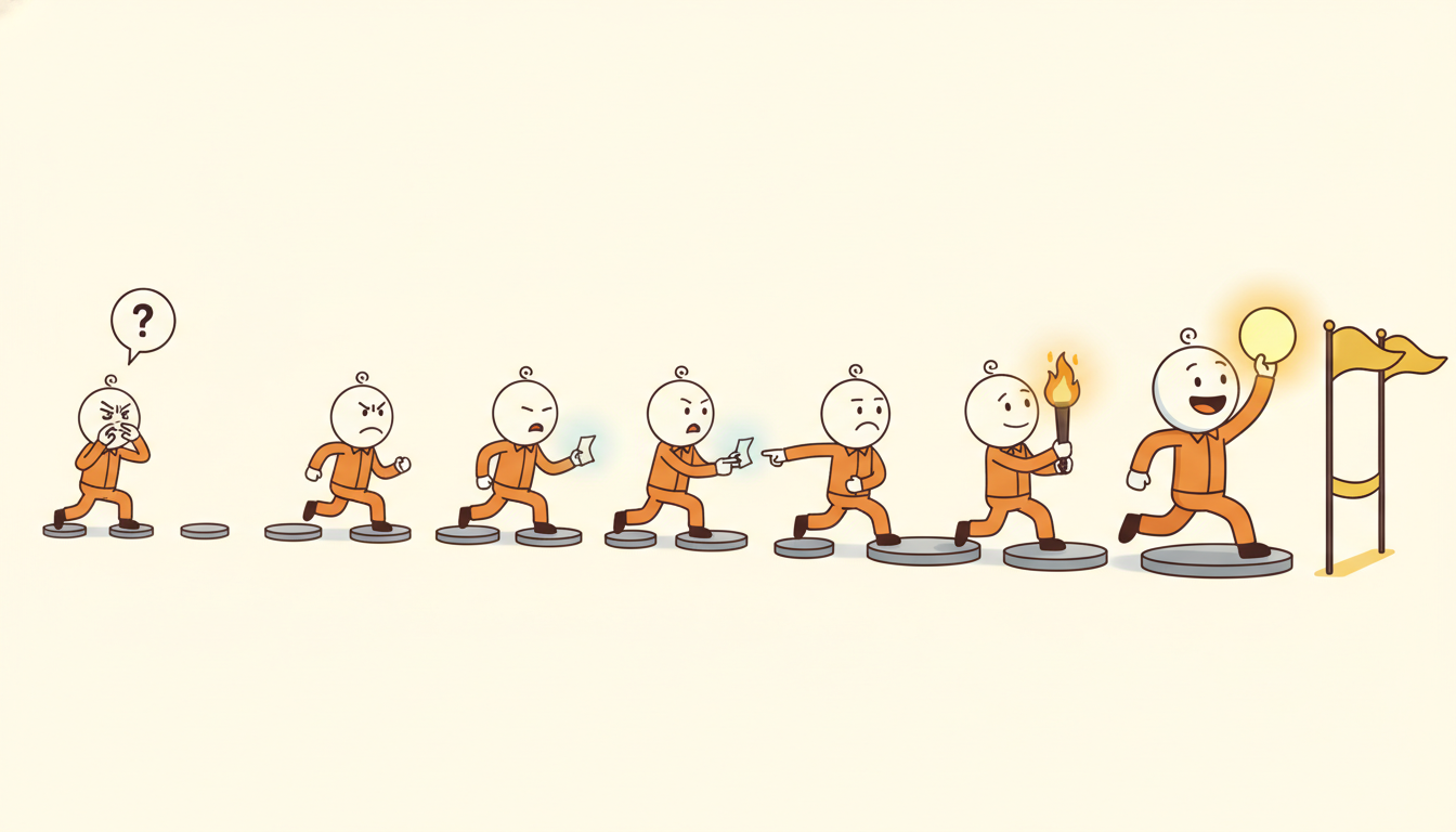 A long relay race of identical runners on stepping stones: the front runner holds up a glowing orb at the finish while a faint message is passed backward down the line, dimming at every handoff until the last runner can barely see it.