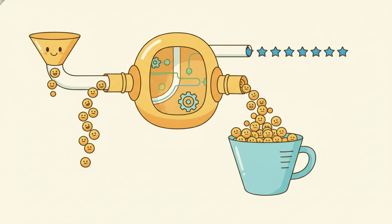 A single flowing stream of identical droplets enters a friendly sorting machine that splits it into different output shapes: one spout pours many droplets down into a single collecting cup, while another spout emits one matched droplet for every droplet it swallows, in lockstep.