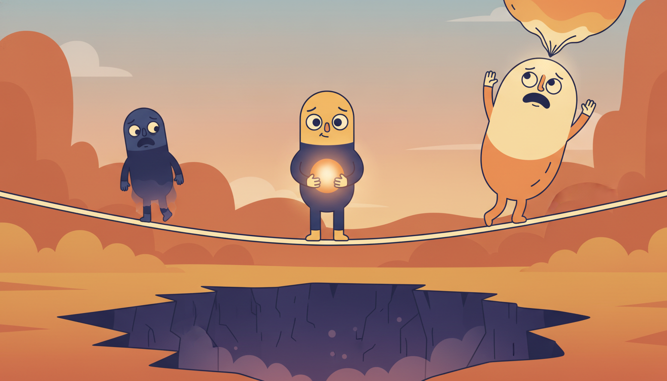 A tightrope walker carries a glowing orb across a wire, perfectly balanced in the middle; on one side a shadowy double tips down and shrinks to nothing into a chasm, and on the other a double tips up and balloons enormous, about to burst, while the centered walker stays calm and steady.
