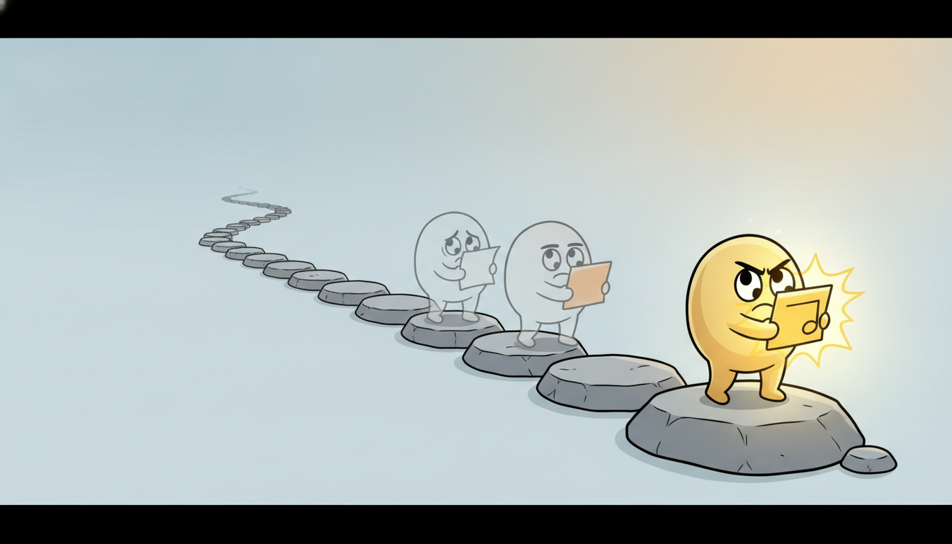 A determined messenger character sets off across a long row of stepping stones carrying an important note, but fades step by step into a translucent confused ghost, so that by the far stones almost nothing of the messenger or the note remains.