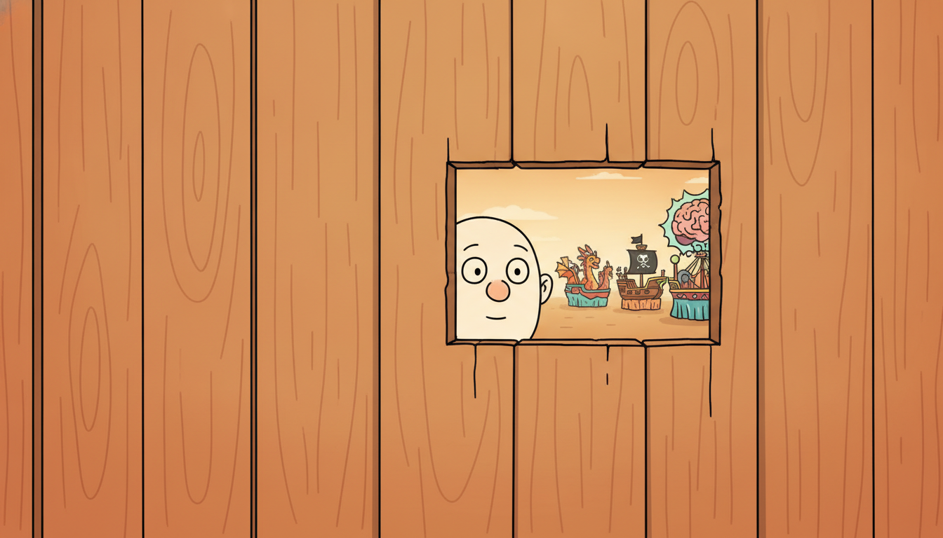 A character peers through a small fixed rectangular peephole in a tall fence at a long colorful parade, seeing only the few floats framed in the opening while the float that matters has just drifted past the edge of the frame, out of view.